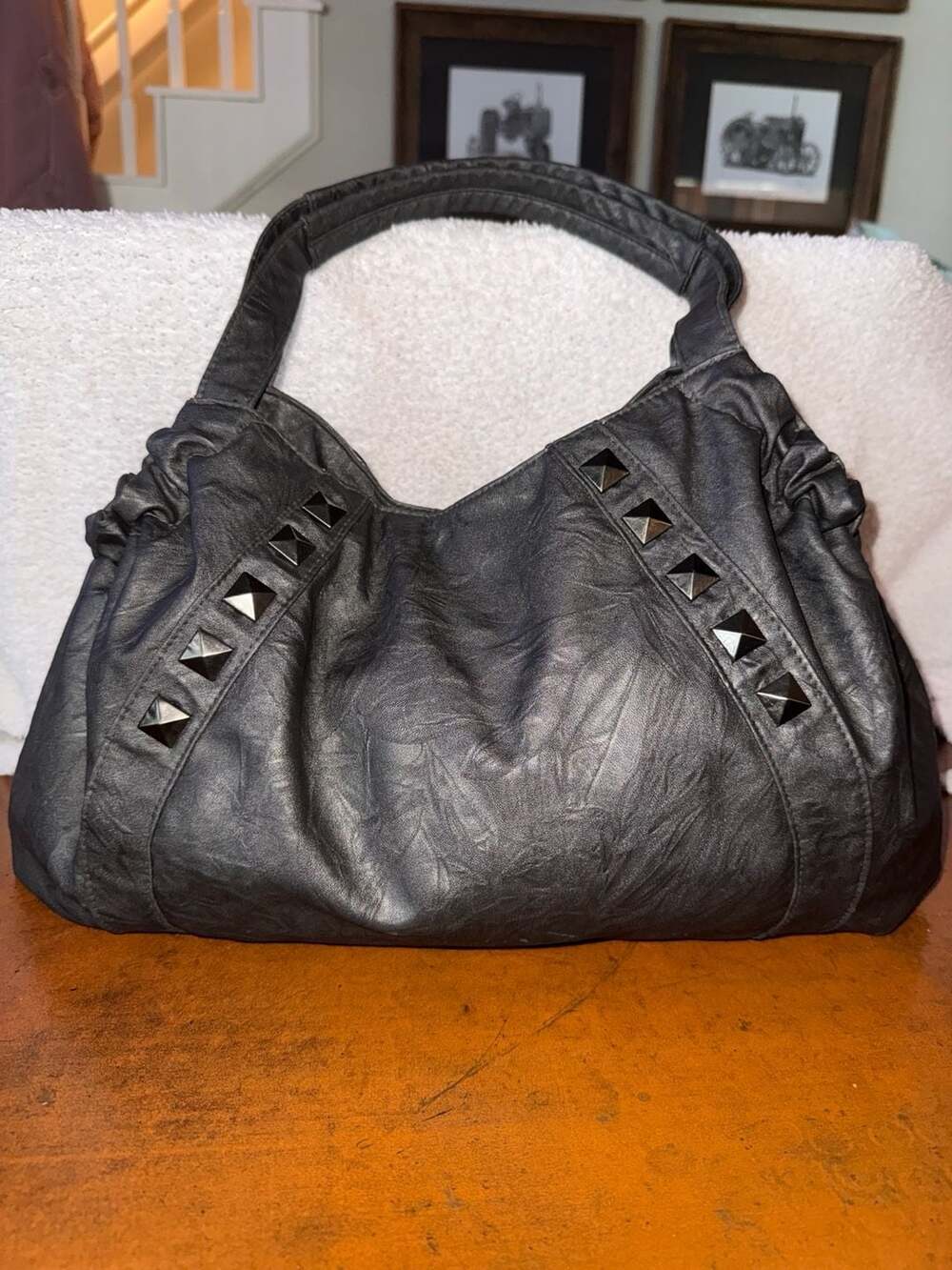 Vintage Hobo Handbag Grey Faux Leather Studded Shoulder Purse